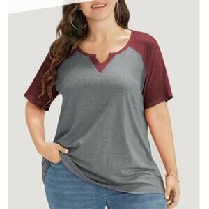 NWT Bloom Chic Plus Size Gray Colorblock Notched Raglan Sleeve T Shirt 1X 14 16